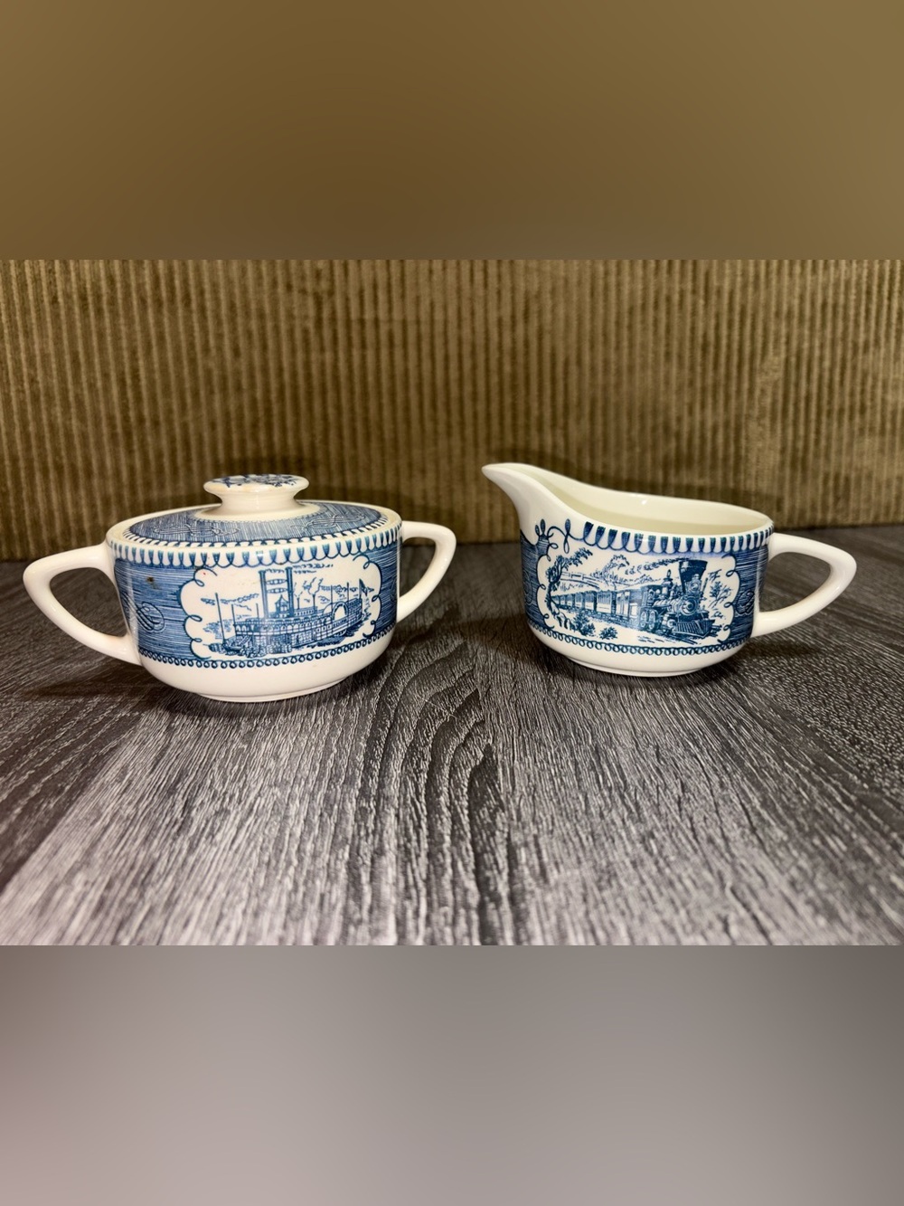 Vintage Currier and Ives Royal China Blue Cream and Handled Sugar Bowl Set